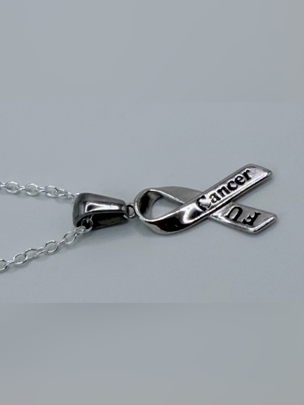 925 w/ Rhodium Plating - Cancer Awareness Ribbon Pendant Necklace - FU Cancer